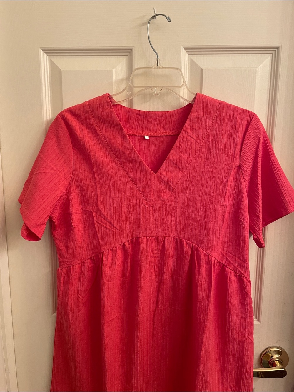 Bright Coral V-Neck Ruffle Hem Dress. Sz Lg. - Picture 5 of 7